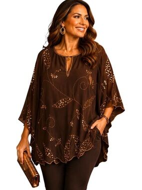 Original Anthony Beaded Sequin Tunic Blouse Gold Bronze Evening Top L